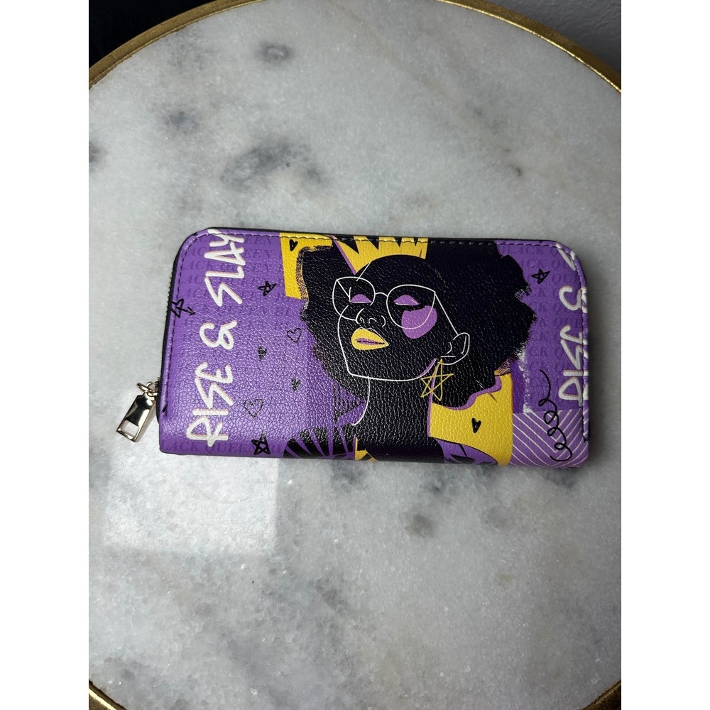 AFROYLA Rise & Slay Graphic Zip Around Wristlet Wallet Purple Yellow Pop Art